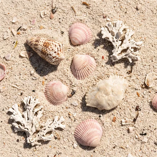 Seashells and Coral on Sunlit Sand
