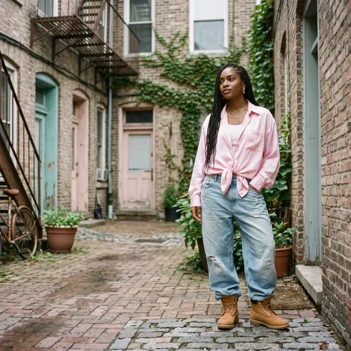 Woman in 90s Streetwear in Courtyard