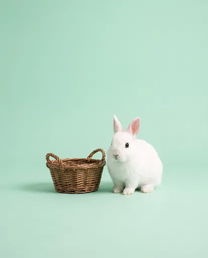 White Bunny Beside Woven Basket on Mint
