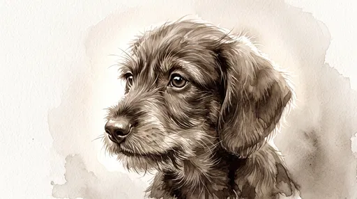 Sepia Watercolor Wire-Haired Dachshund Puppy Portrait