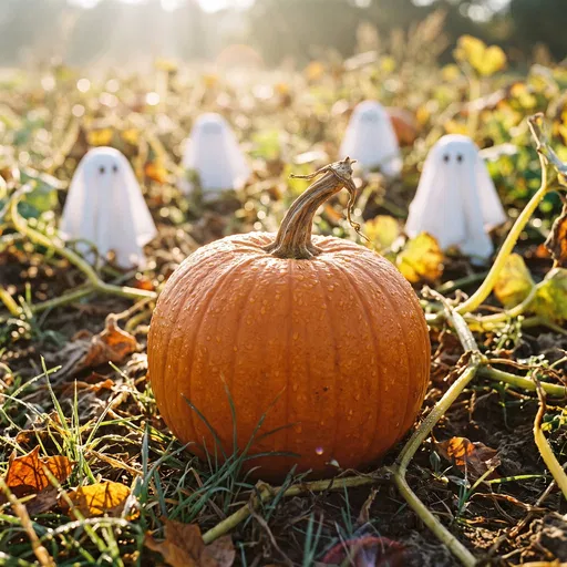 Dewy Pumpkin With Blurred Sheet Ghosts