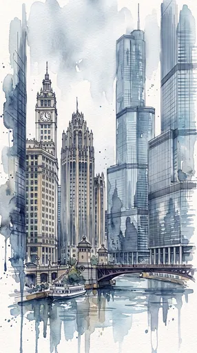 Watercolor Illustration of Chicago Riverfront Skyline