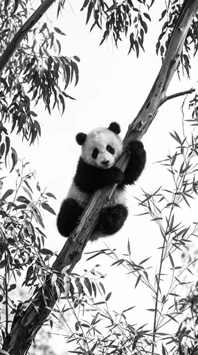 Monochrome Panda Cub Climbing Tree Branch