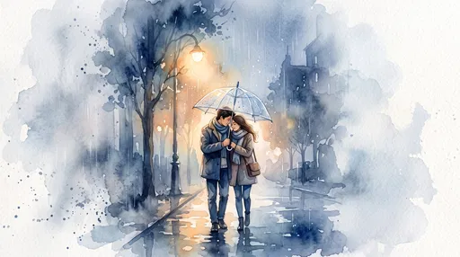 Watercolor Couple Under Umbrella in Rain