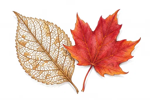 Skeletonized Leaf and Red Maple Leaf Illustration