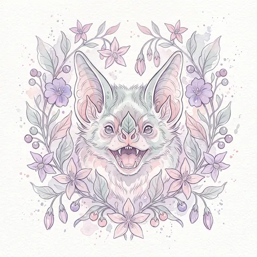 Pastel Watercolor Bat Face With Flowers