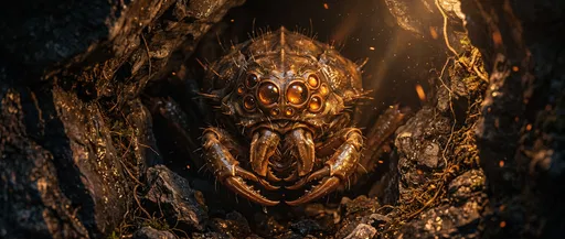 Bronze Arachnid Alien in Dark Cavern