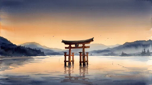 Watercolor Torii Gate at Sunset