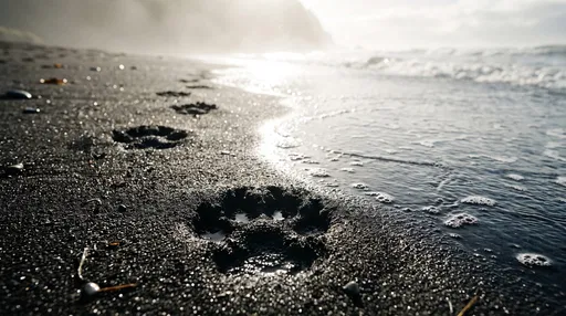Dog Paw Prints on Dark Sand Beach
