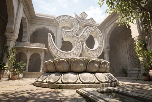Carved Marble Om Sculpture in Courtyard