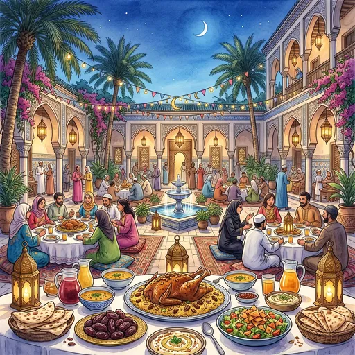 Watercolor Ramadan Iftar Courtyard Banquet Illustration