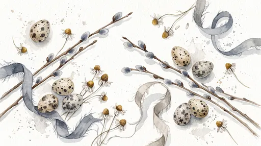 Watercolor Quail Eggs and Pussy Willow