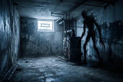 Shadowy Boogeyman Silhouette in Dark Basement