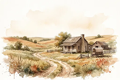 Watercolor Pioneer Homestead in Rolling Hills