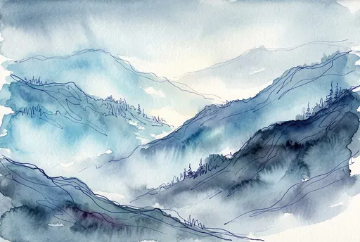 Blue Watercolor Mountains With Ink Contours
