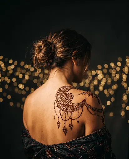 Woman With Crescent Moon Shoulder Mehndi Design