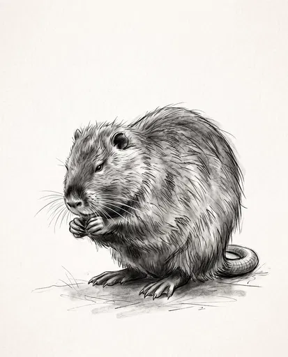 Monochrome Charcoal Illustration of Seated Nutria