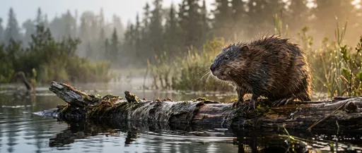 Wet Muskrat on Log in Misty Wetland