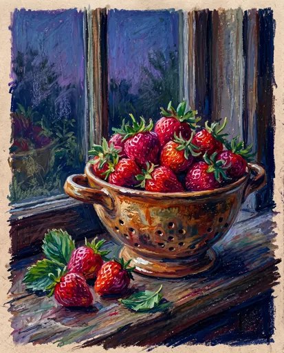 Oil Pastel Strawberries in Ceramic Colander