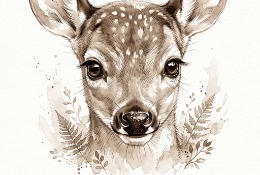 Sepia Watercolor Baby Deer Portrait