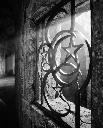 Monochrome Wrought-Iron Crescent and Star Window