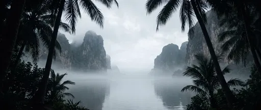 Misty Tropical Lagoon Framed by Palms