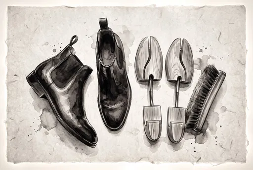 Monochrome Illustration of Chelsea Boots and Care Tools