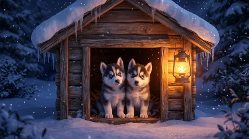 Twin Husky Puppies in Snowy Doghouse