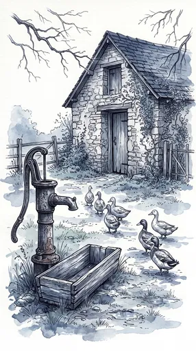 Ink and Wash Farmyard With Ducks
