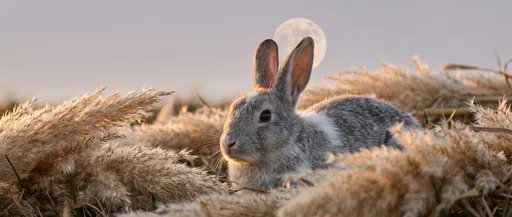 Grey Rabbit in Pampas Grass Under Moon