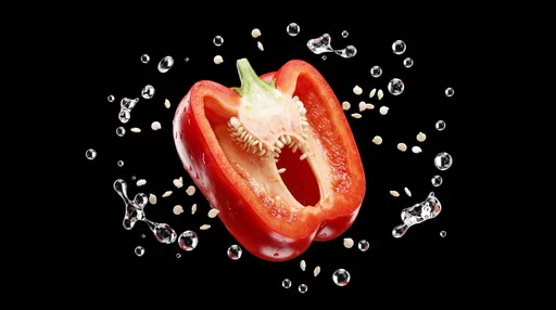 Halved Red Bell Pepper Floating With Droplets
