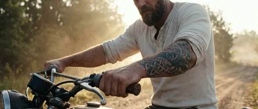 Bearded Man With Forearm Tattoo on Motorcycle