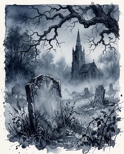 Indigo Watercolor Churchyard and Blank Headstone