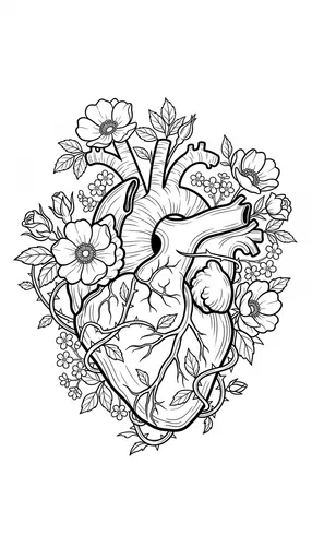 Anatomical Heart With Flowers Line Art