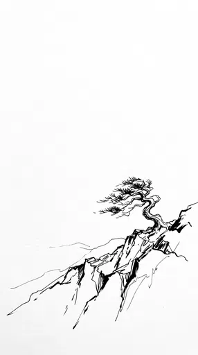 Minimalist Ink Drawing of Windswept Pine