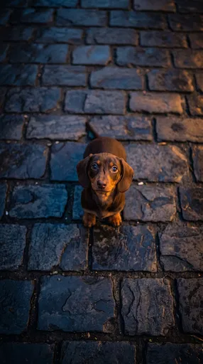 Dachshund Puppy Sitting on Dark Cobblestones
