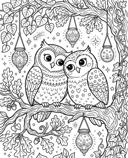 Two Cute Owls Coloring Page Illustration