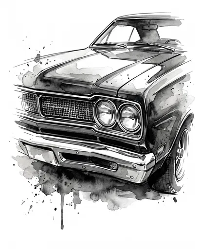Monochrome Watercolor Classic Muscle Car Sketch