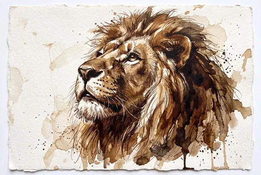 Coffee Wash Lion Portrait on Paper
