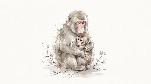 Watercolor Illustration of Macaque Mother and Baby