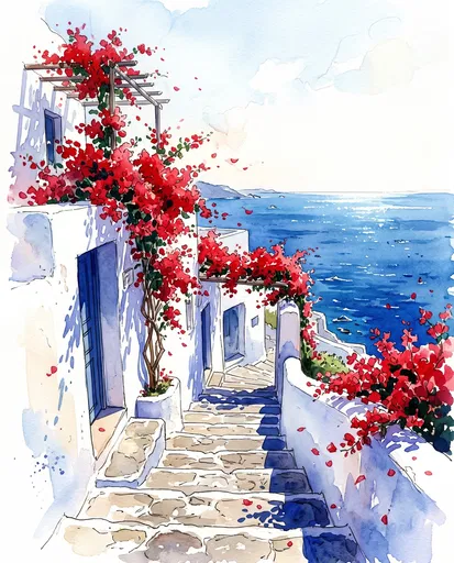 Watercolor Coastal Stairway With Red Bougainvillea
