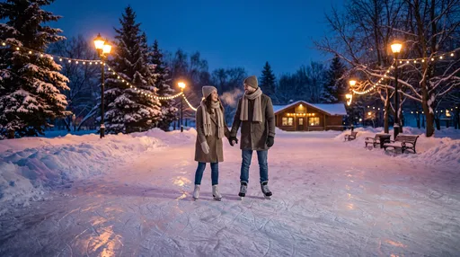 Couple Ice Skating on Outdoor Rink