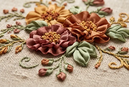 Silk Ribbon Floral Embroidery on Linen
