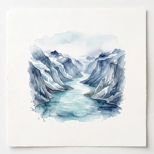 Watercolor Glacial Fjord Illustration on Paper