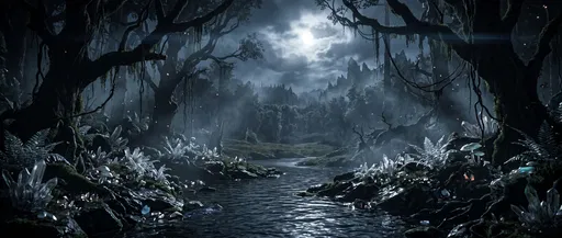 Moonlit Dark Fantasy Forest With Crystal Stream