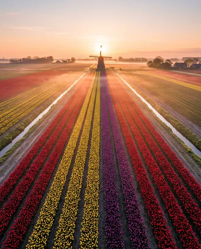 Sunrise Over Dutch Tulip Field and Windmill