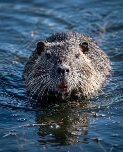 Wet Nutria Swimming in Blue River