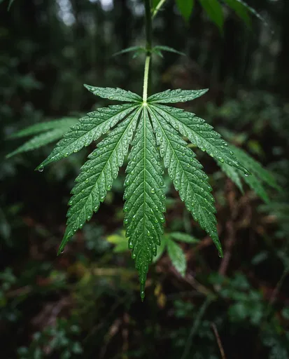Green Cannabis Leaf Covered in Dewdrops