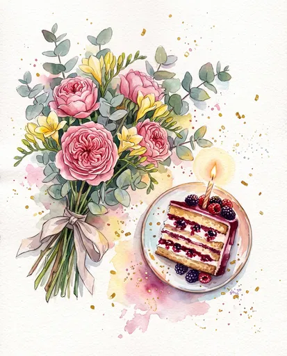 Watercolor Birthday Bouquet and Berry Cake Slice