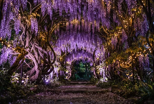 Illuminated Purple Wisteria Tunnel at Night